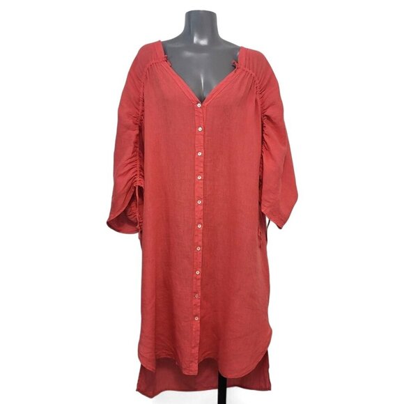 120% LINO Coral Linen Button Front Shirt Dress - Picture 3 of 12